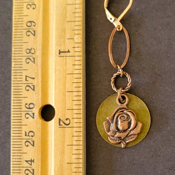 Beautiful ROSE Coin Charm Earrings Copper Brass Lever Back Earwires Two Tone - Picture 7 of 9
